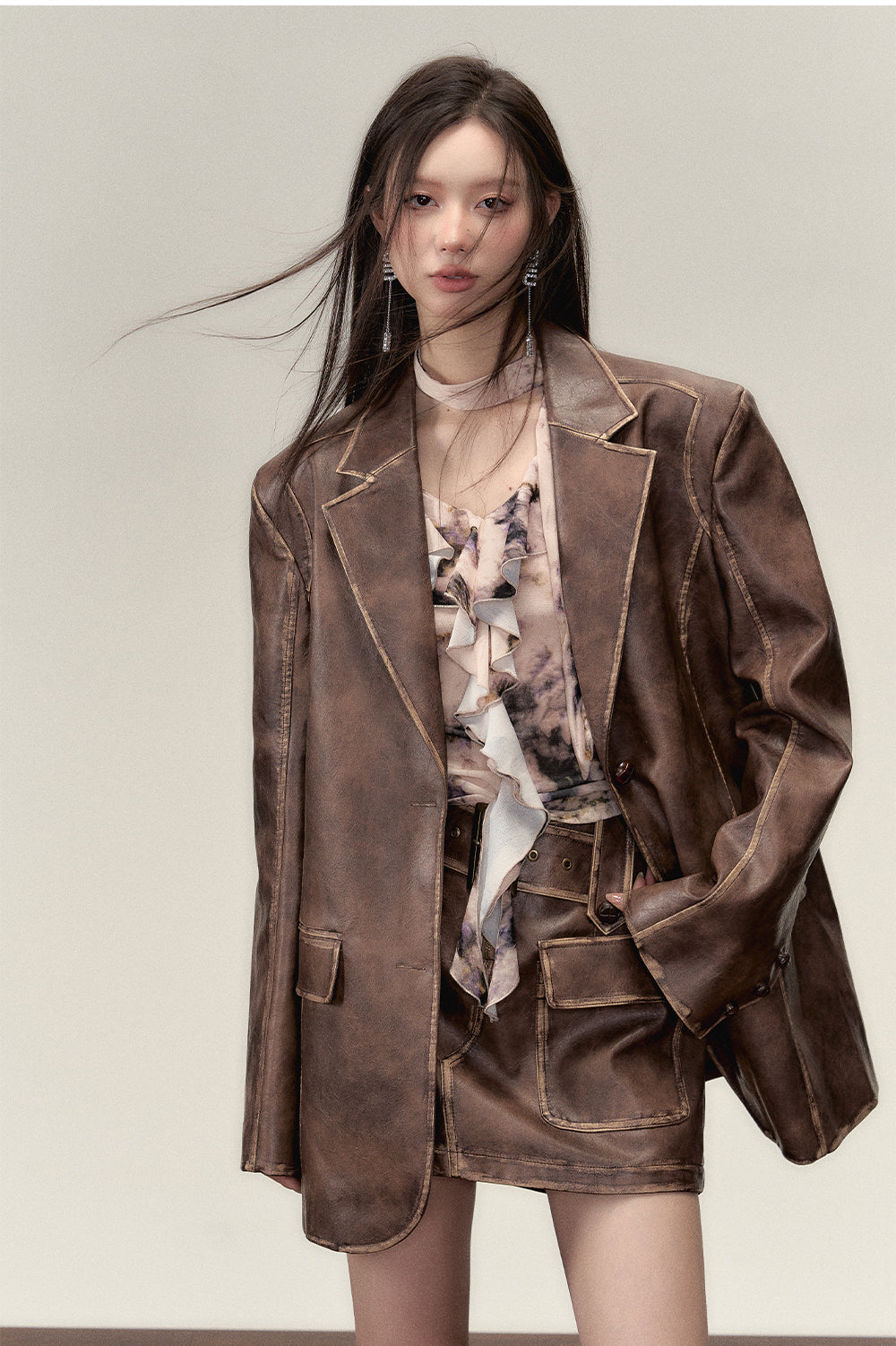 Vintage PU Leather Jacket &amp; Skirt Two-Piece Set