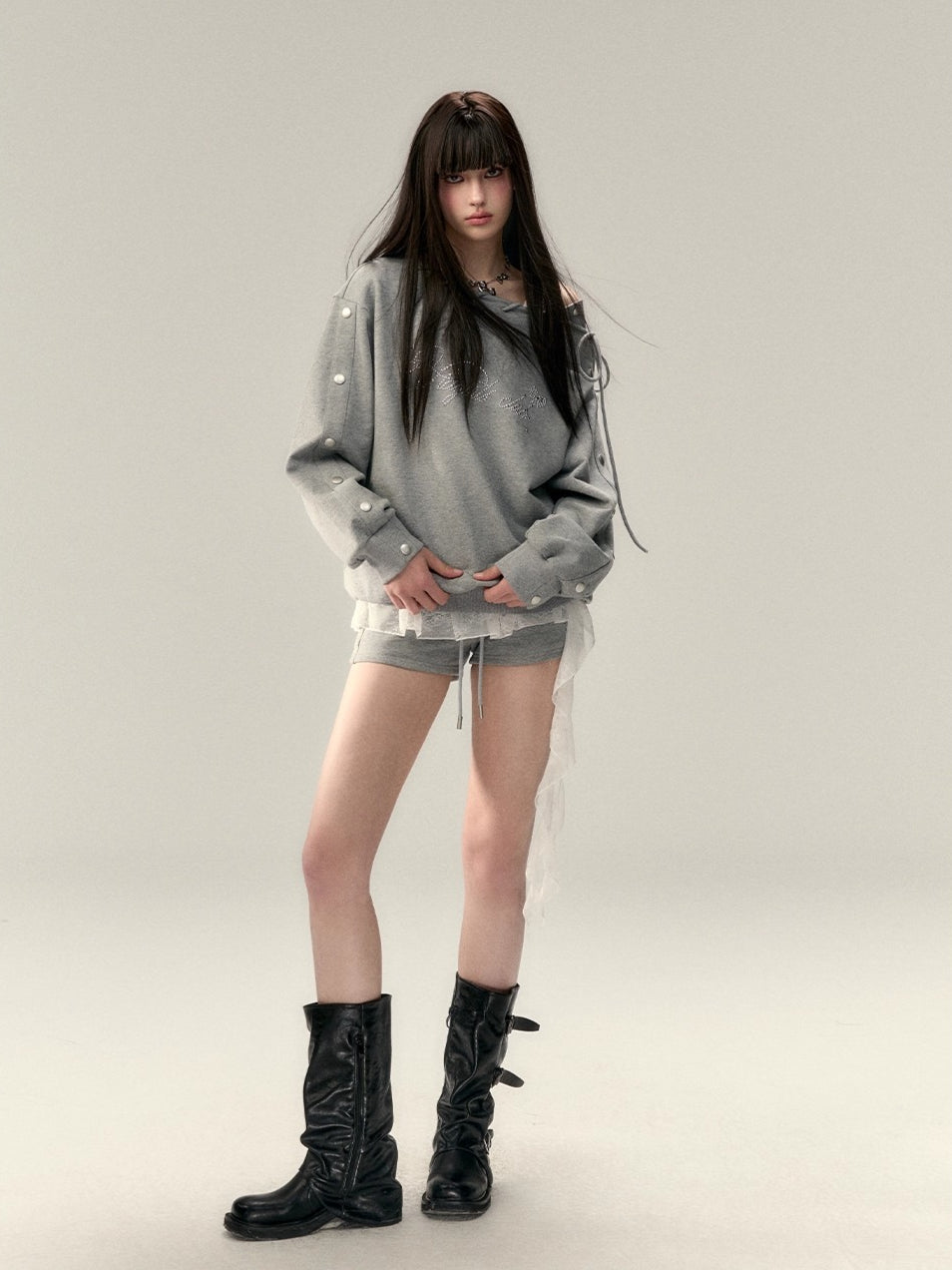 Studded Off-Shoulder Cotton Sweatshirt