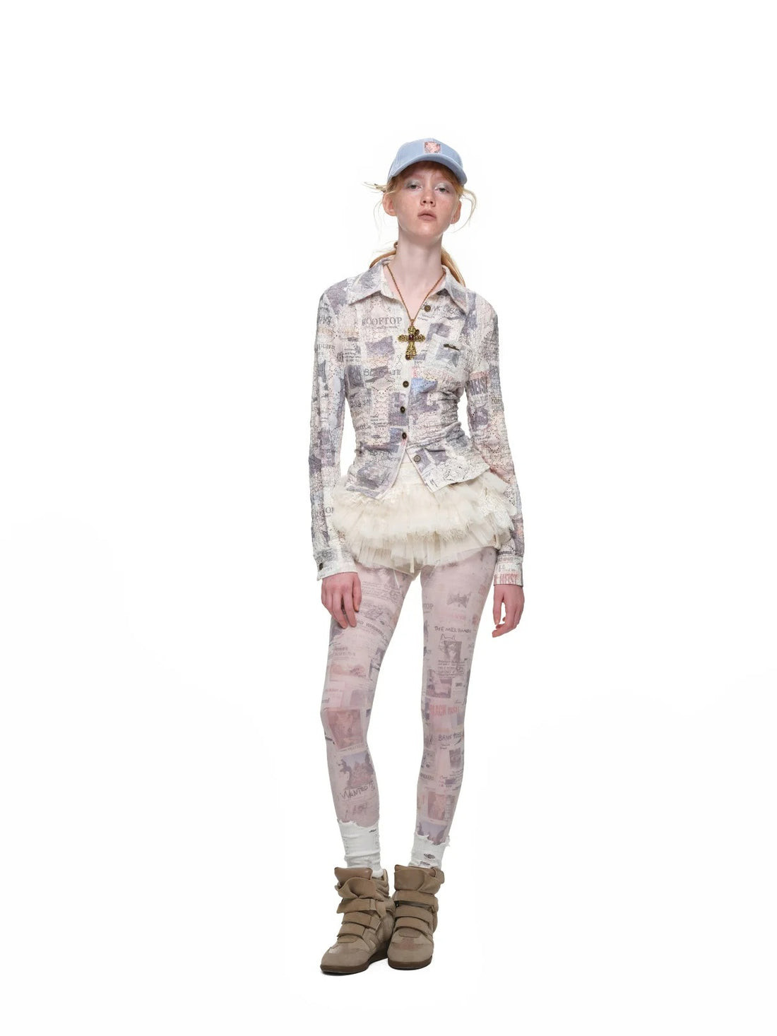 Cat Newspaper Print Lace Shirt