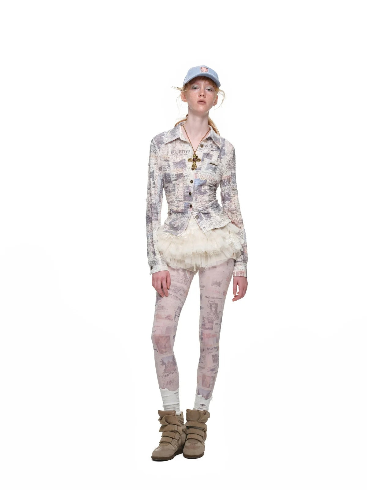 Cat Newspaper Print Lace Shirt