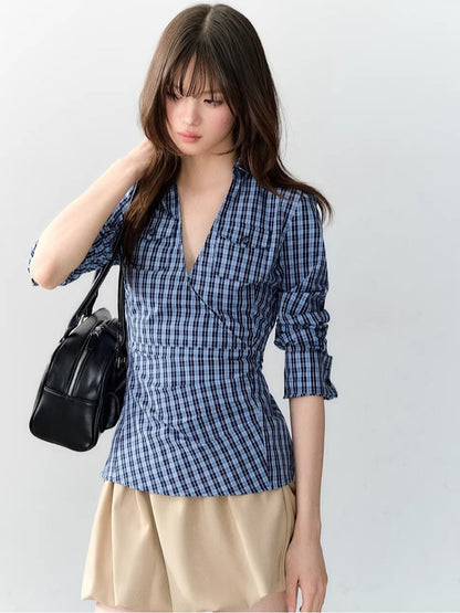 Blue &amp; White V-neck Pocket Shirt
