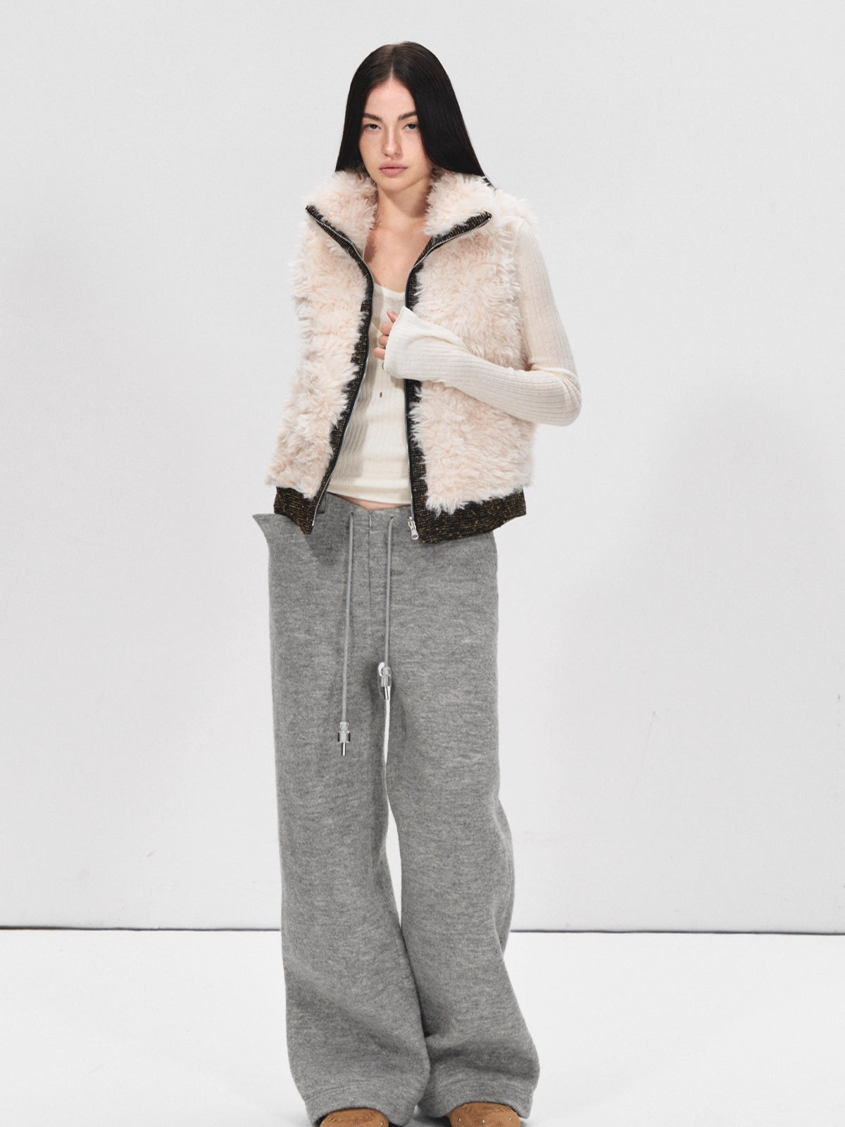 Reversible Wool Blend Faux Fur Vest Jacket