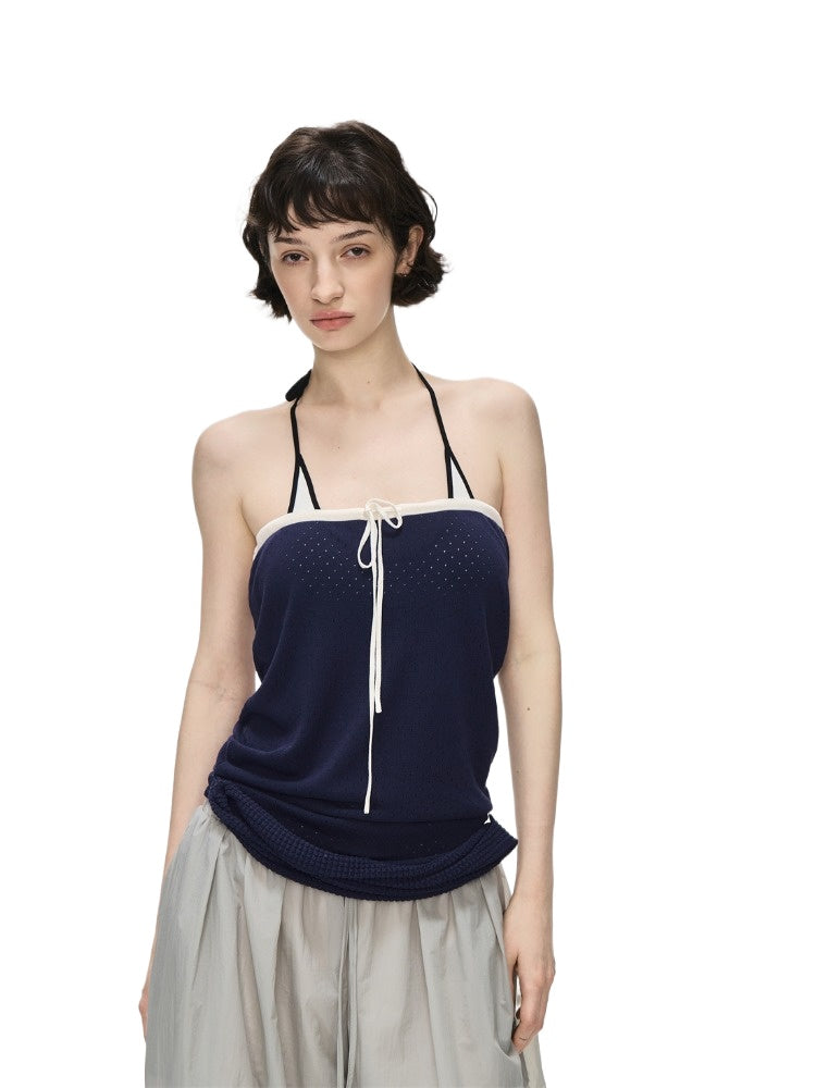 Navy Color-Block Mesh Tube Top