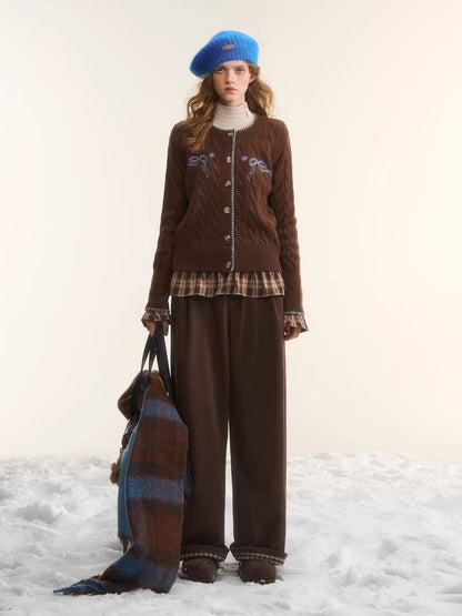 Brown Bow Embroidered Cable Knit Cardigan