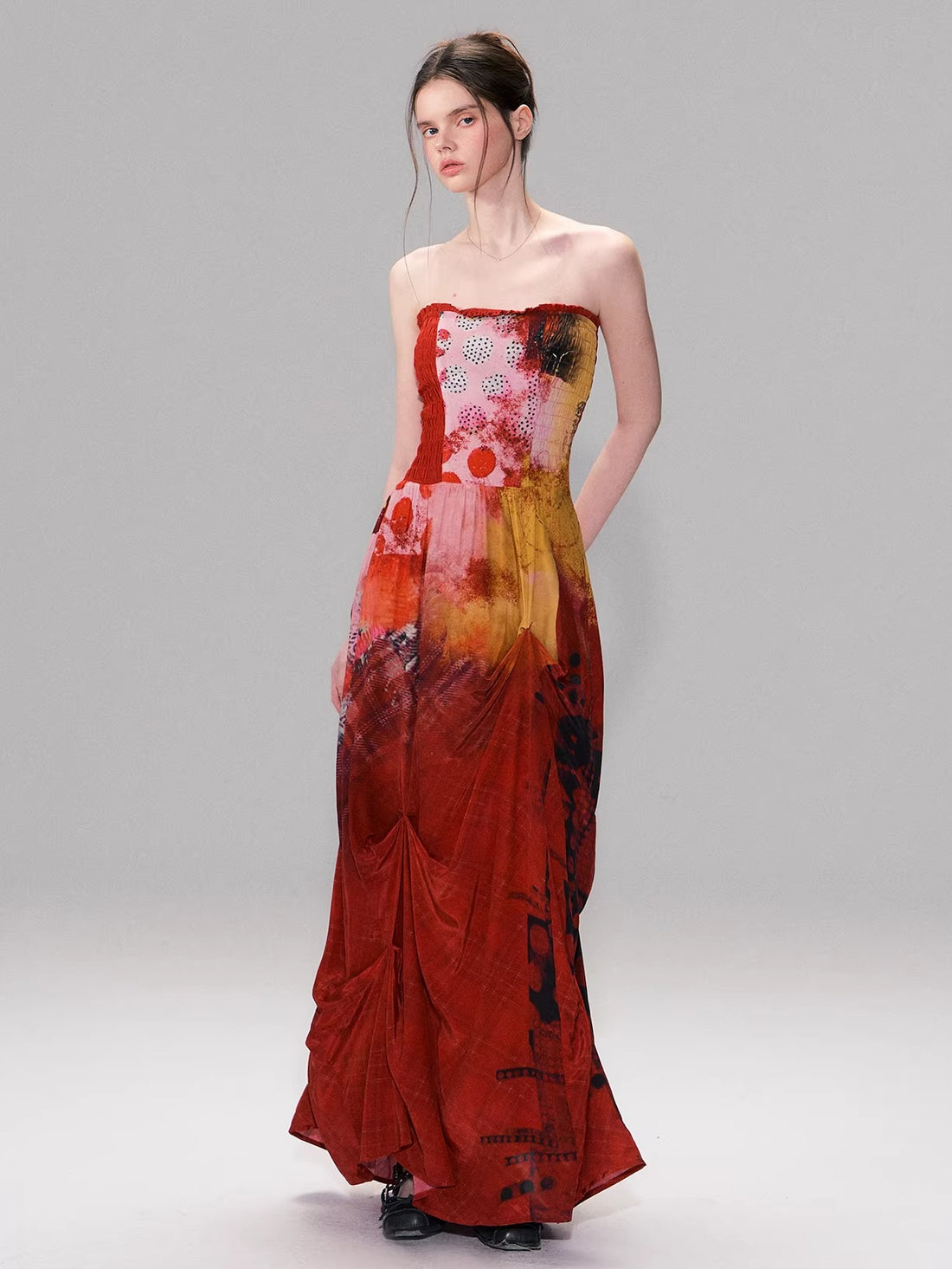 Vintage Red Print Strapless Dress