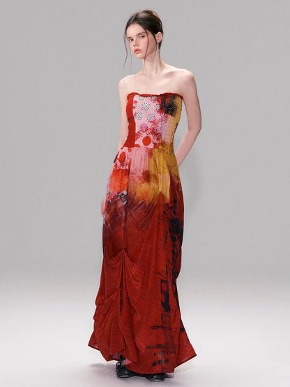 Vintage Red Print Strapless Dress