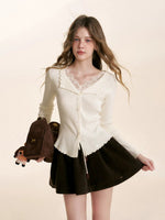 White Lace Trim Knit Cardigan