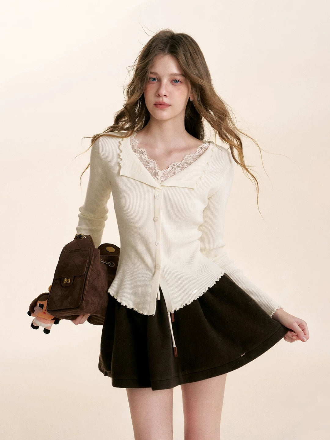 White Lace Trim Knit Cardigan