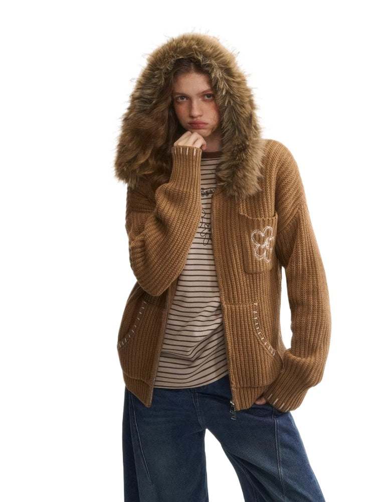 Detachable Faux-Fur Collar Embroidered Hooded Cardigan