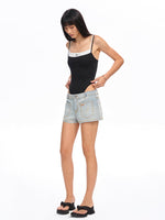 Washed and Distressed Straight-Leg Mid-Rise Hot Pants