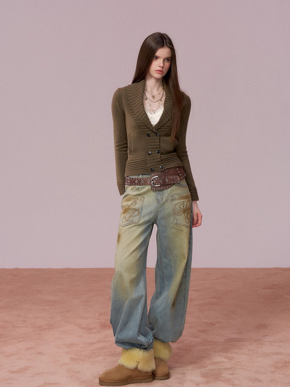 V-neck Double-breasted Knit Sweater