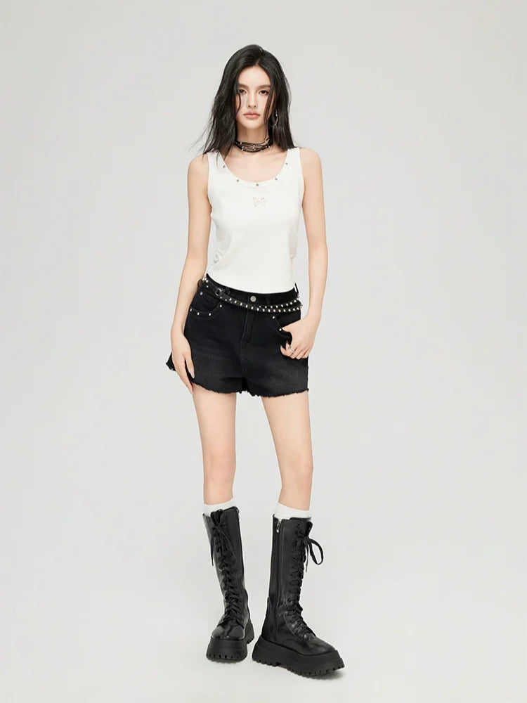 White &amp; Black Butterfly Printed U-neck Tank Top