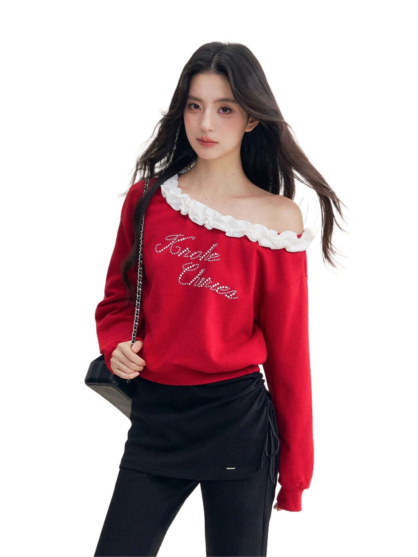 Red Pearl Ruffle Off-Shoulder Sweatshirt