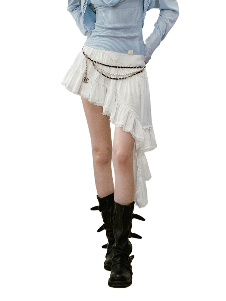 Irregular Hem Ribbon Lace Midi Skirt