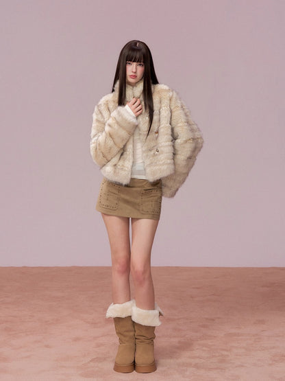 Apricot Double-Breasted Fur Jacket