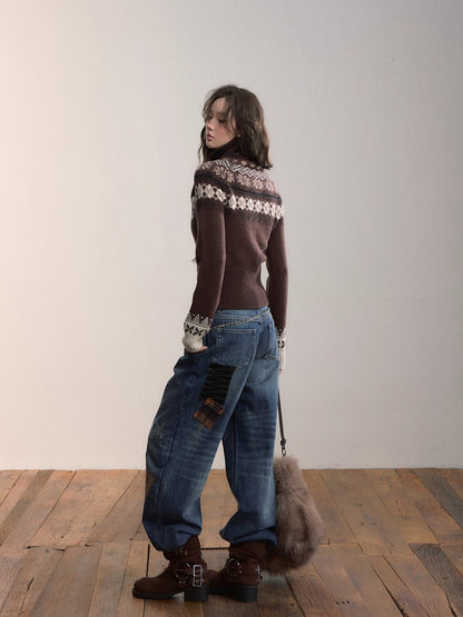 Fair Isle Heavy-Duty Knit Turtleneck Cardigan
