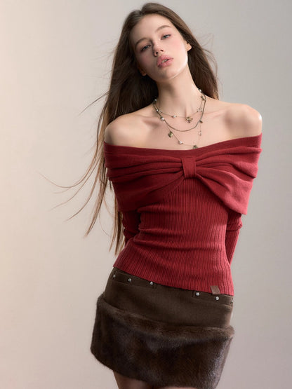 Bowknot Off-Shoulder Knit Top