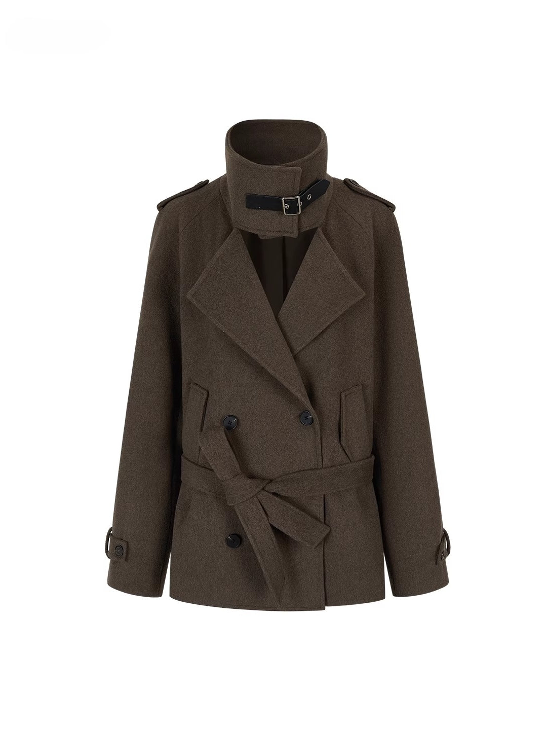 High-Neck Belted Wool Coat