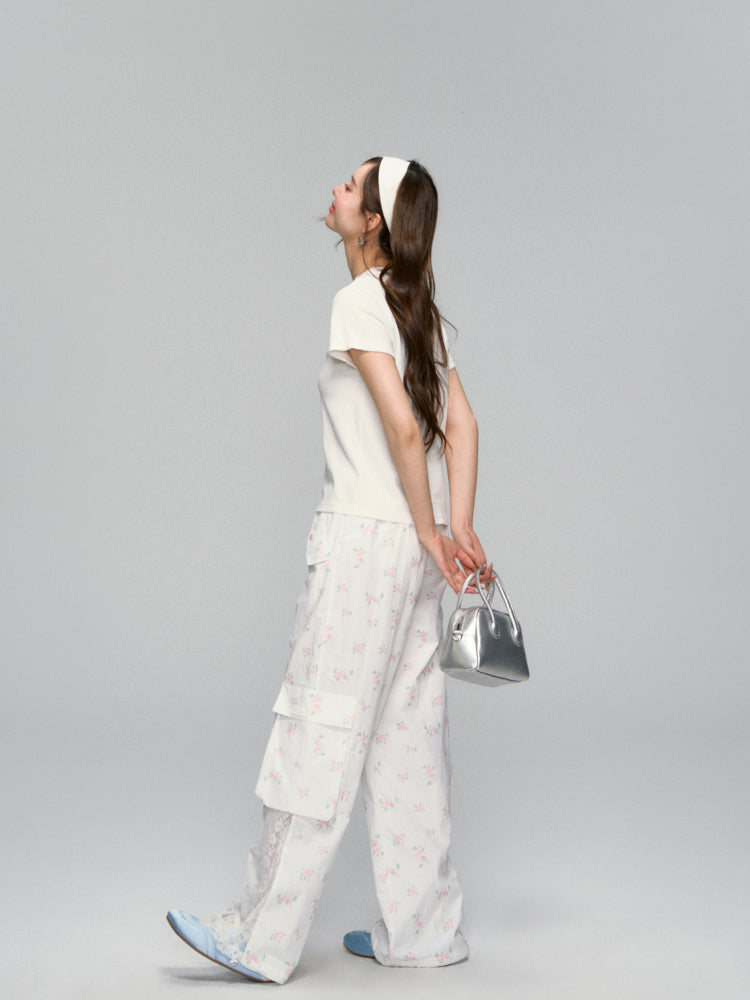Hollow-Out Patchwork Floral Straight-Leg Pants