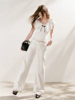 Contrast Bow V-Neck Ruffled Top
