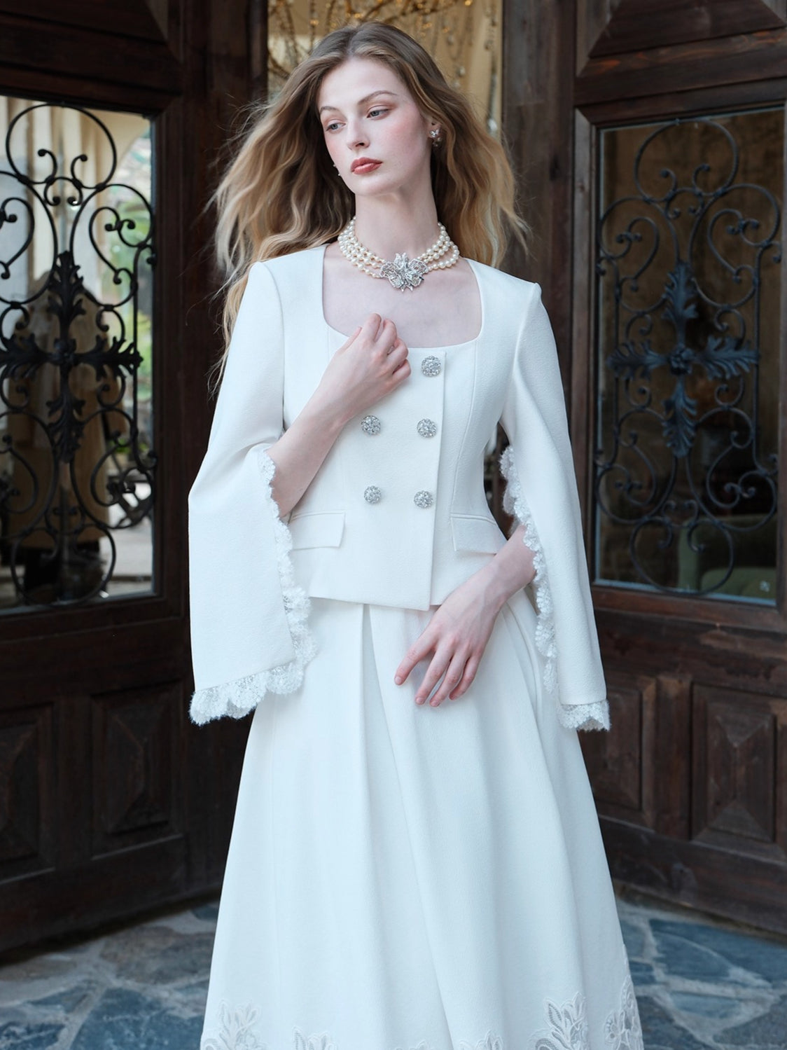 Mirage Vintage Lace-Collar Blazer &amp; Flared Skirt Set