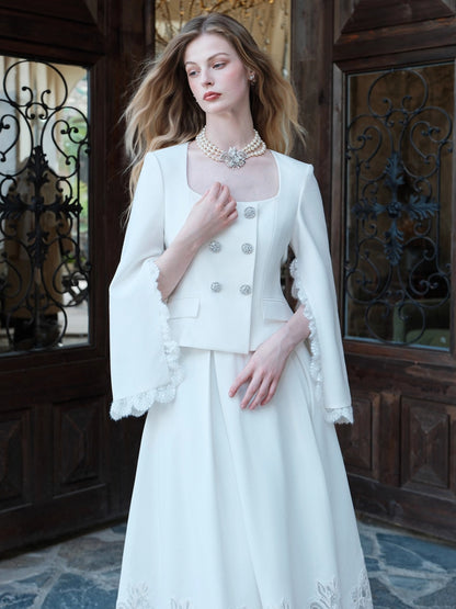 Mirage Vintage Lace-Collar Blazer &amp; Flared Skirt Set