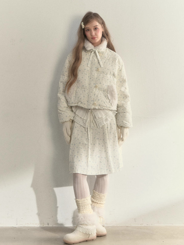 Floral Corduroy Down Jacket &amp; Pleated Skirt