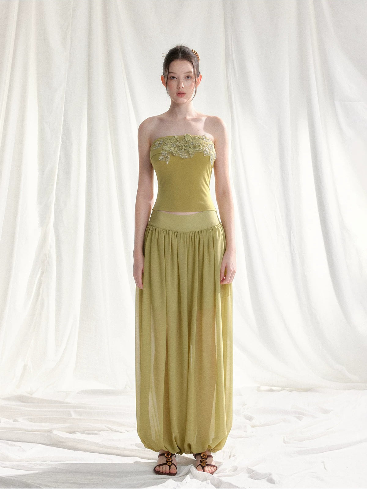 Floral Appliqué Bustier &amp; Mesh Pants Set