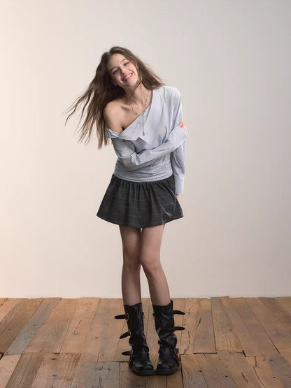 Blue Asymmetrical Shirt Plaid Mini Dress