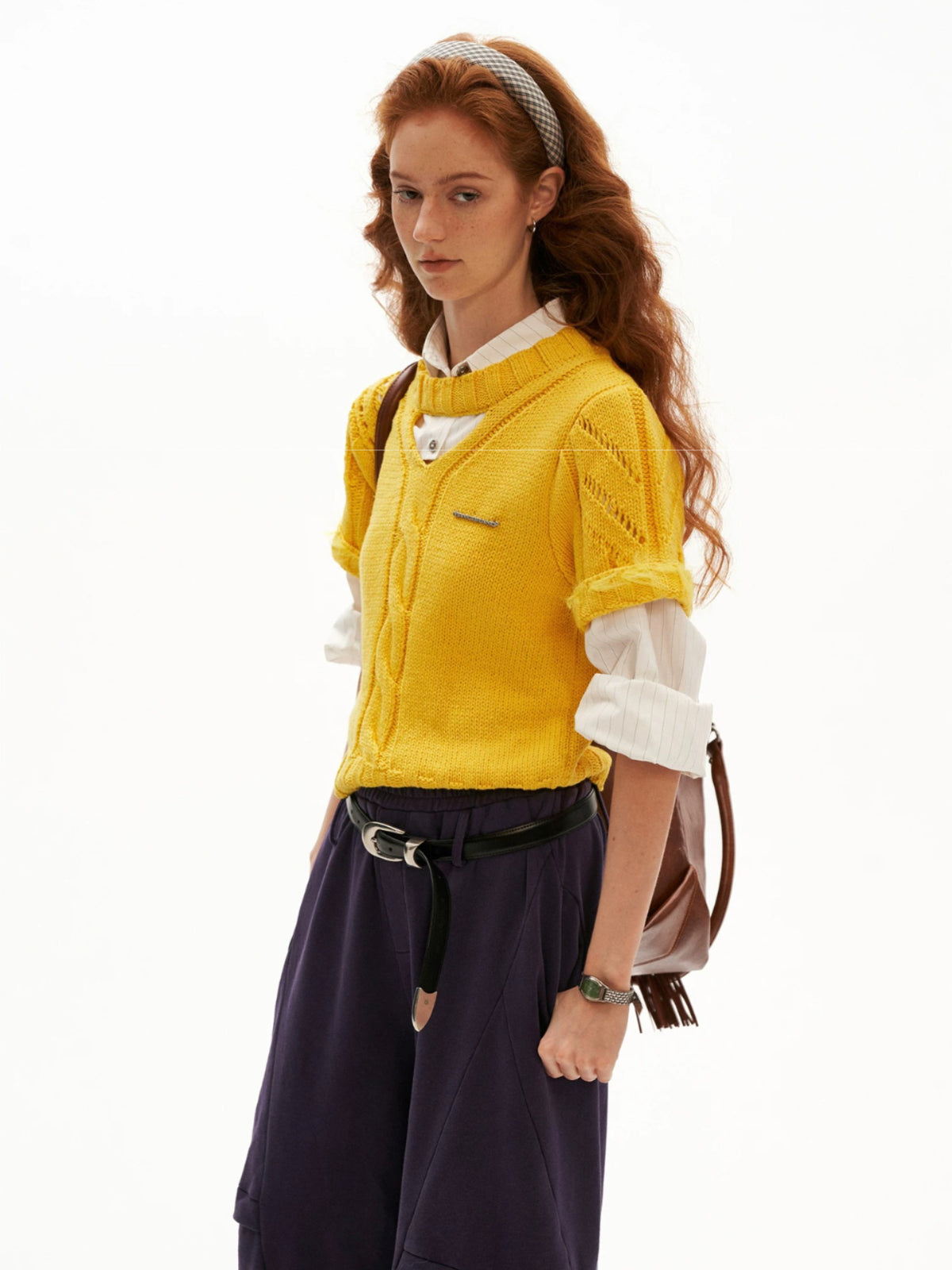 Textured Openwork Puff Sleeve Knit Top
