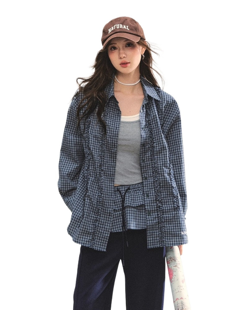 Plaid Ruffle Drawstring Pleated Shirt &amp; Sweatpants Set