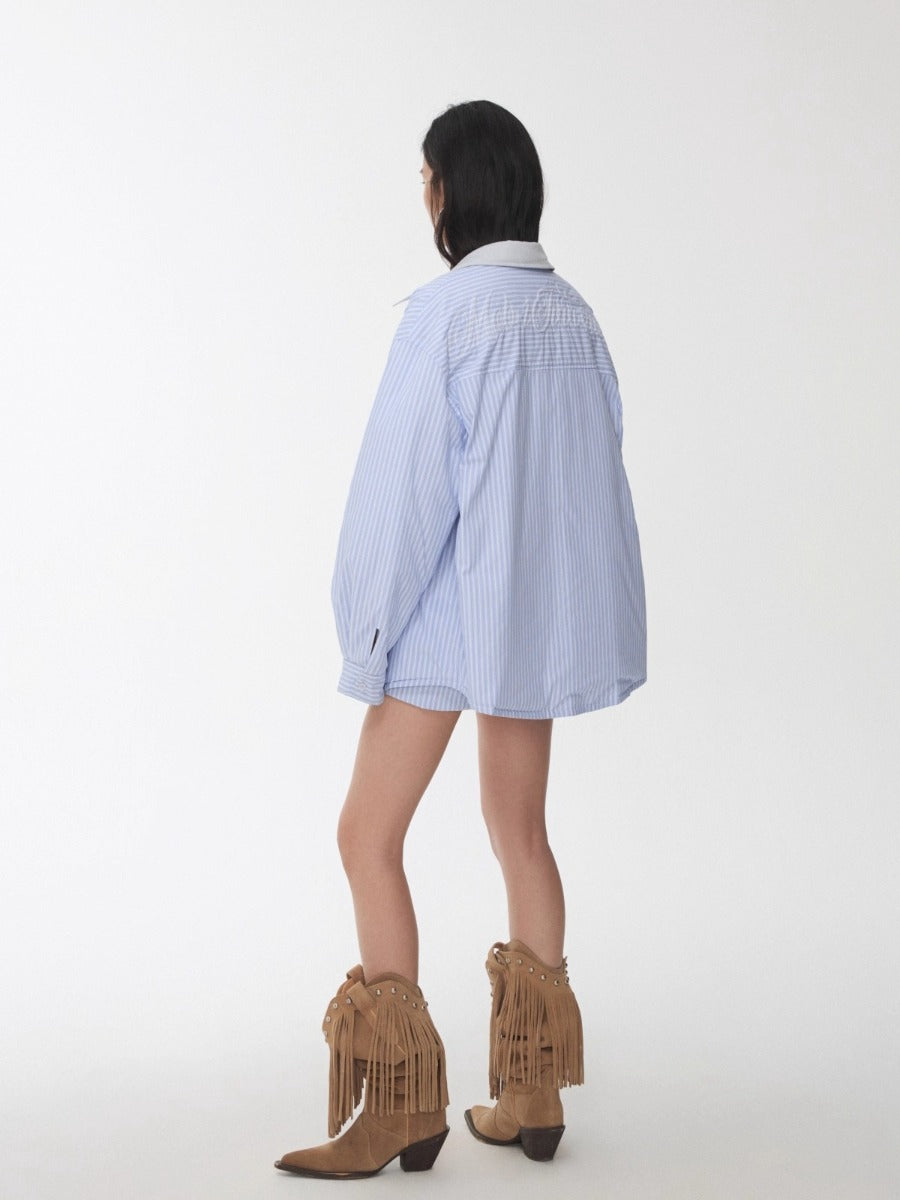 Embroidered Striped Reversible Cotton Padded Shirt &amp; Skirt Set