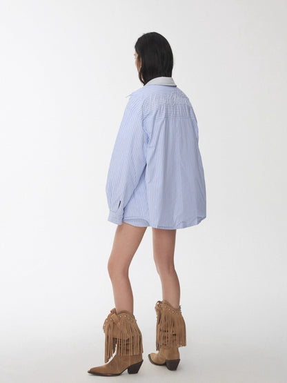 Embroidered Striped Reversible Cotton Padded Shirt &amp; Skirt Set