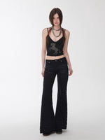 Studded Flared Denim Whisker Detailing Jeans