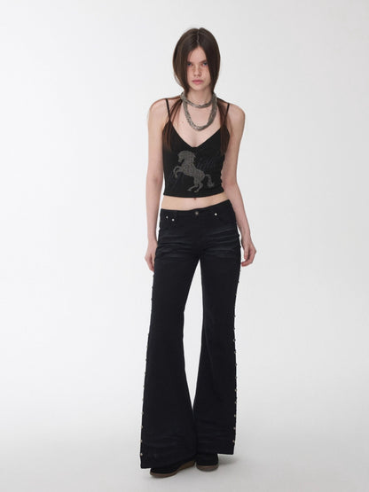 Studded Flared Denim Whisker Detailing Jeans