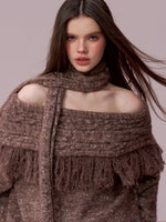 Fringed Off-shoulder Wool Sweater & Scarf Set