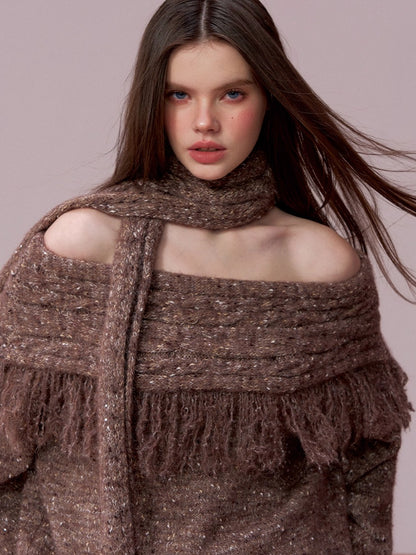 Fringed Off-shoulder Wool Sweater &amp; Scarf Set