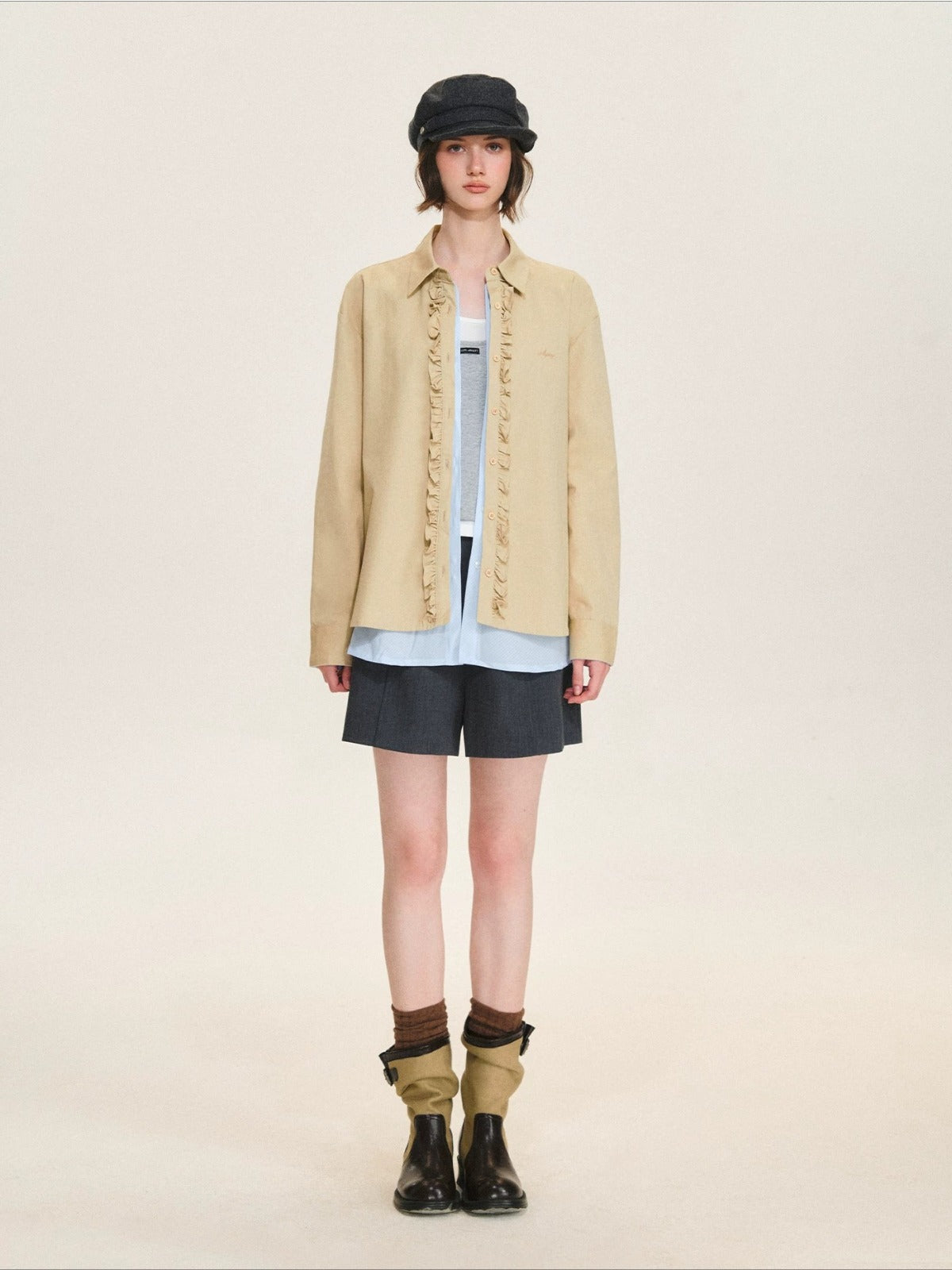 Contrast Layered Ruffle Cotton Shirt