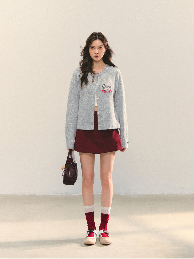 Crew Neck Dalmatian Jacquard Knit Cardigan