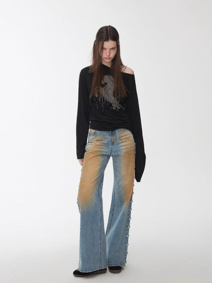 Rhinestone Embellished Asymmetric Drape T-shirt