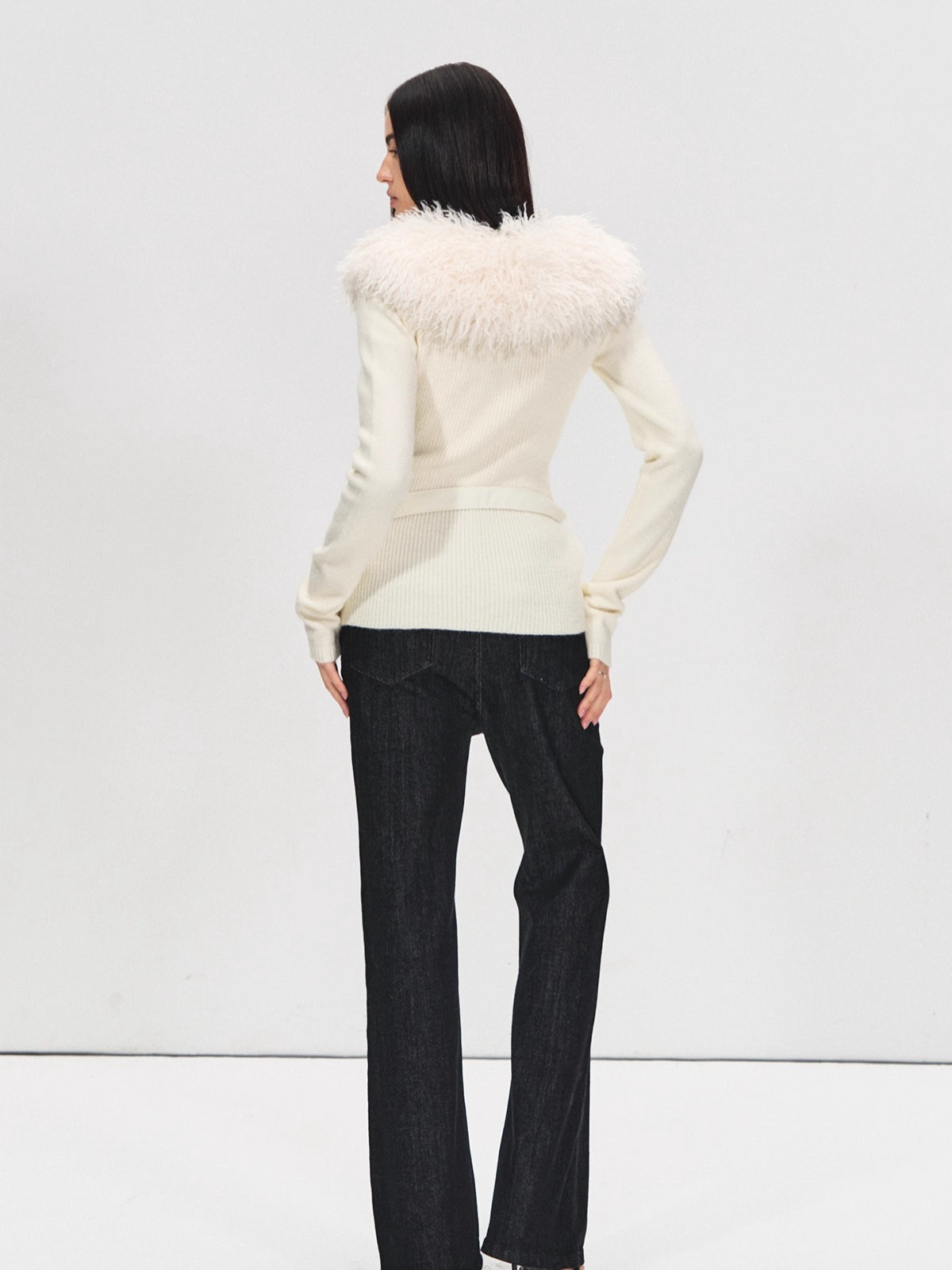 Detachable Fur Collar Suede Belted Cardigan