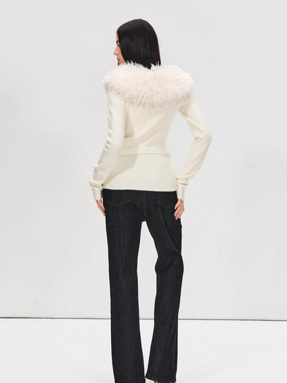 Detachable Fur Collar Suede Belted Cardigan