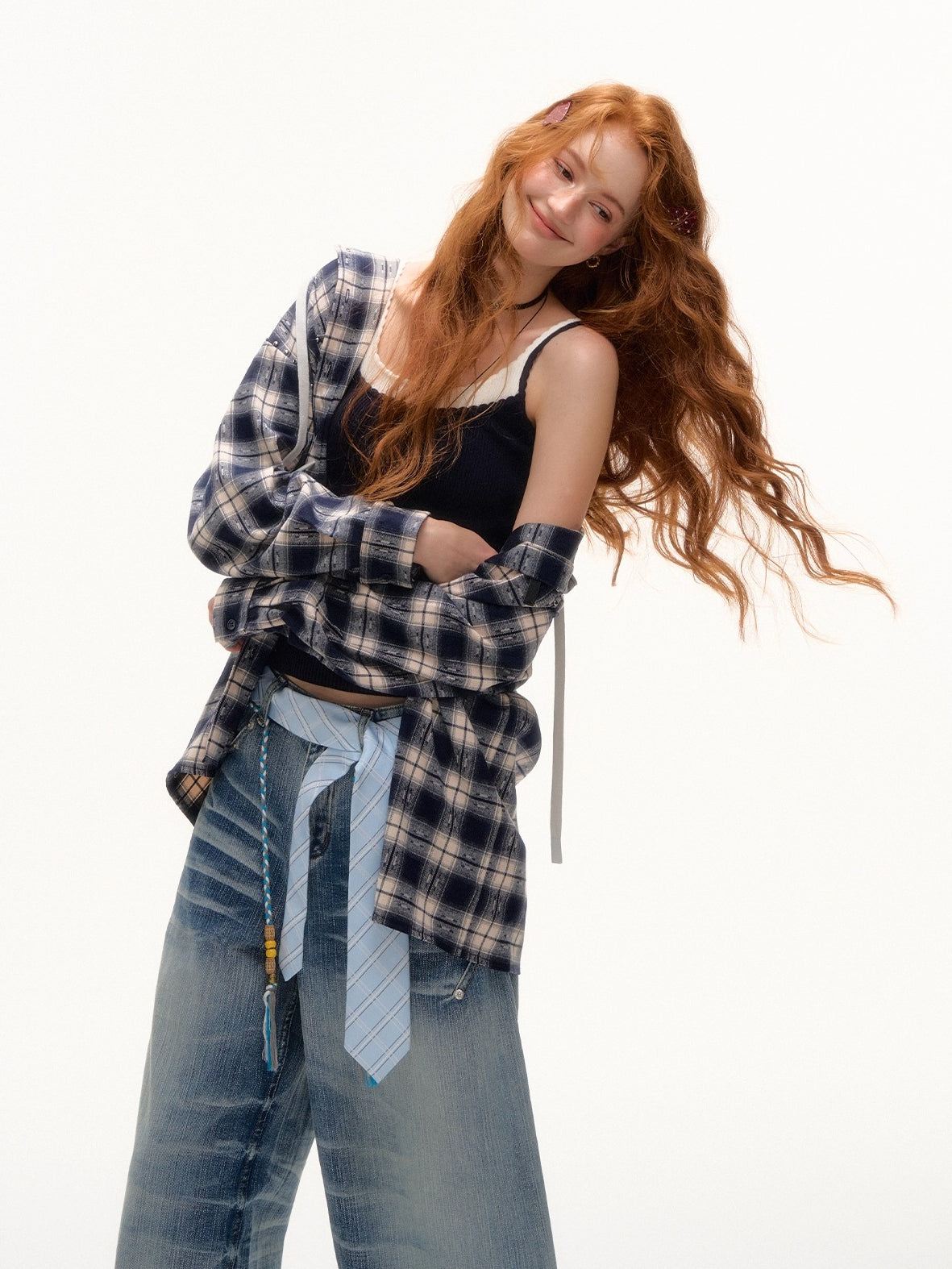 Vintage Plaid Studded Hooded Shirt