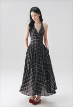Vintage Plaid Halter Backless Midi Dress