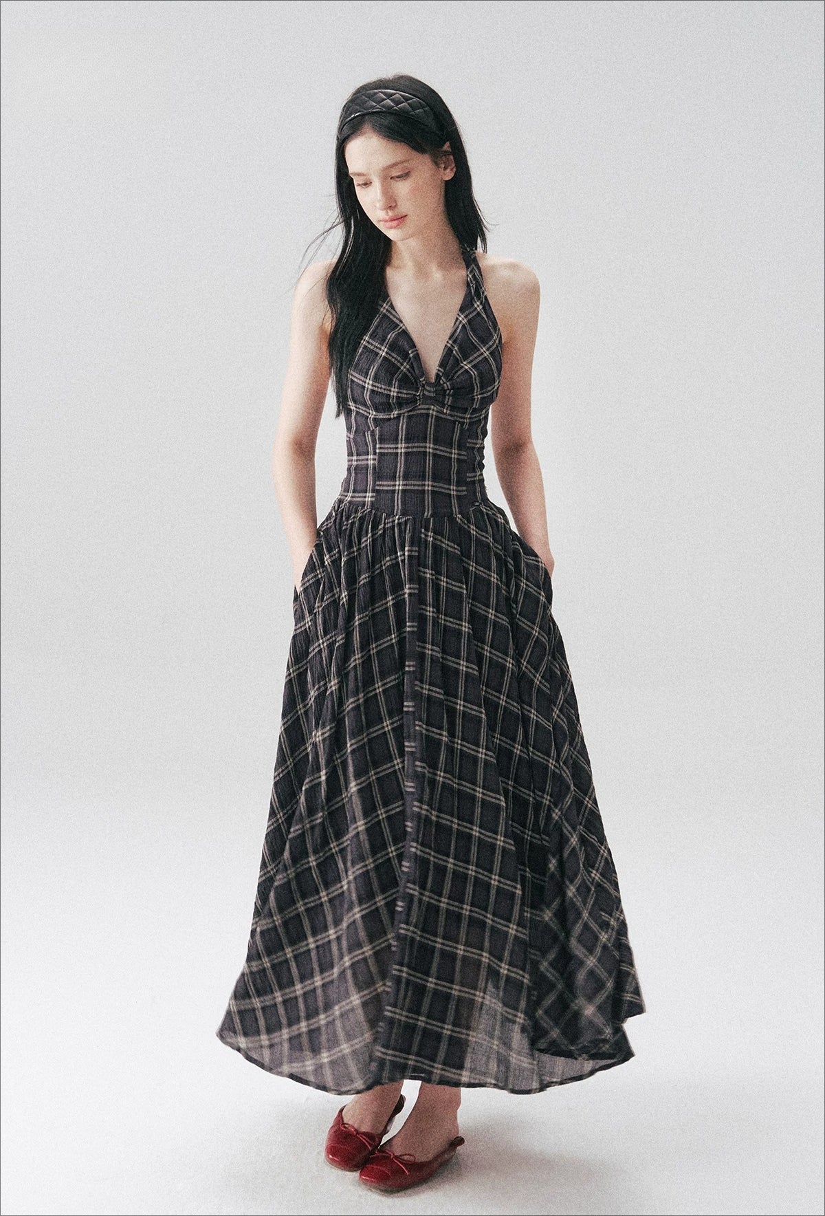 Vintage Plaid Halter Backless Midi Dress