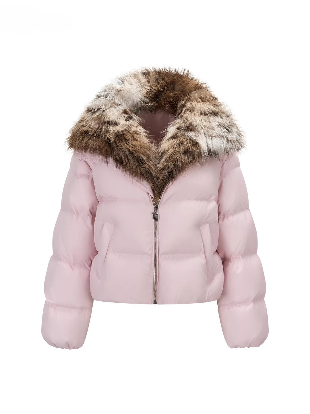 Colorblock Detachable Fur Down Jacket