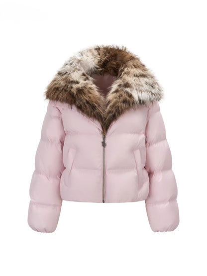 Colorblock Detachable Fur Down Jacket
