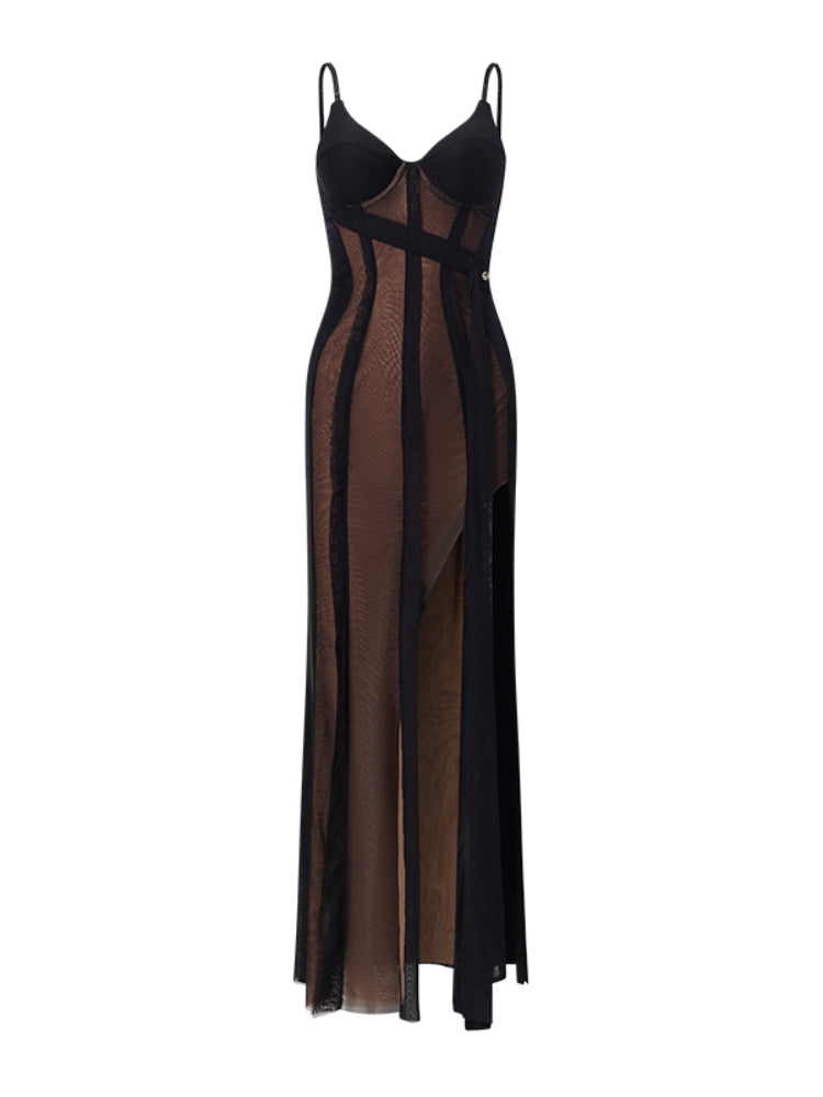 High-Split Patchwork Spaghetti Strap Dress