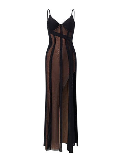 High-Split Patchwork Spaghetti Strap Dress