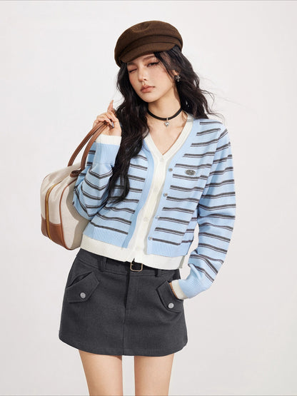 Blue Striped V-Neck Cardigan